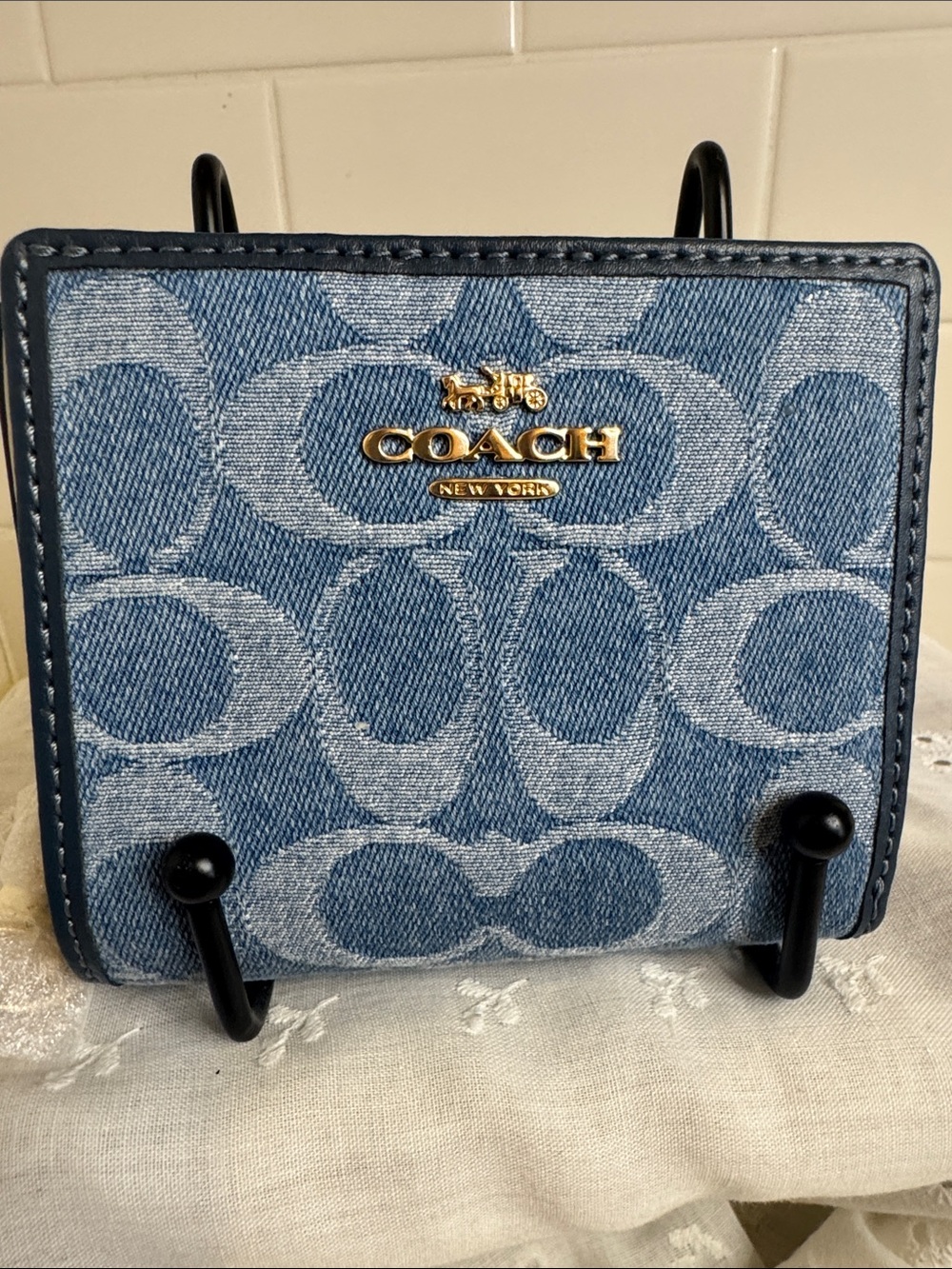 COACH Denim Signature Bifold Wallet - Light Blue with Navy Trim Price Firm